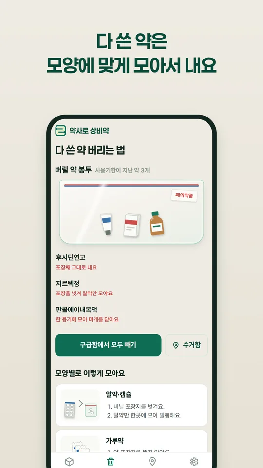 알약, 가루약, 물약, 연고별로 버리는 방법을 알려 주는 화면