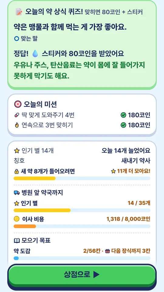 오늘의 약 상식 퀴즈. 약은 맹물과 함께 먹는 게 가장 좋다는 문제에 정답을 맞혀 스티커를 받은 화면